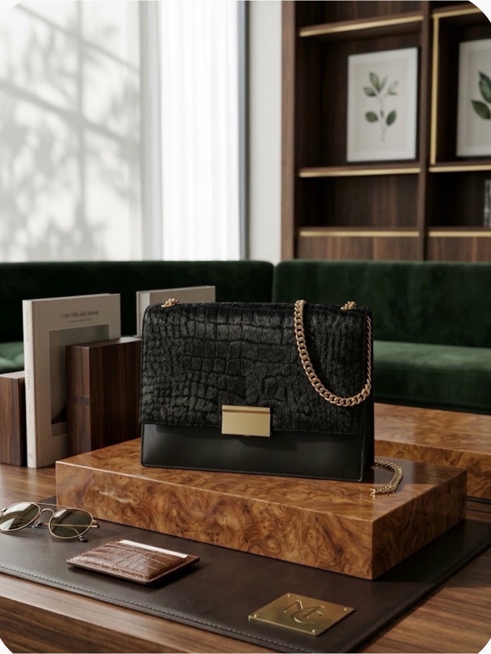 Black Calf Hair & Leather Shoulder Bag